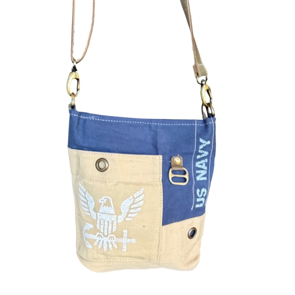 US Navy Military Style Canvas Crossbody Bag Blue Tan Utility Messenger Purse